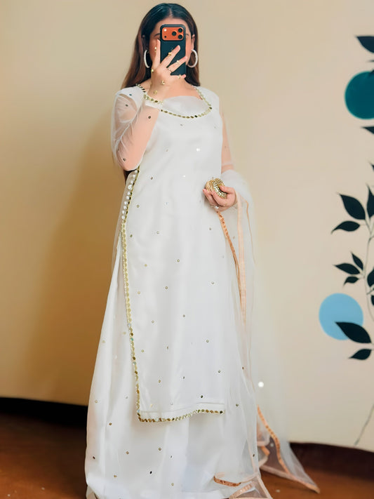 Jugnoo white organza 3 piece dress with mirror work and net dupatta, full front view