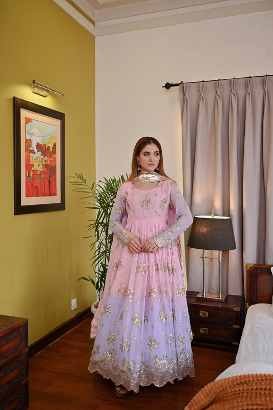 Lavender Blush lavender and baby pink chiffon maxi with embellished detailing and wide flared hem