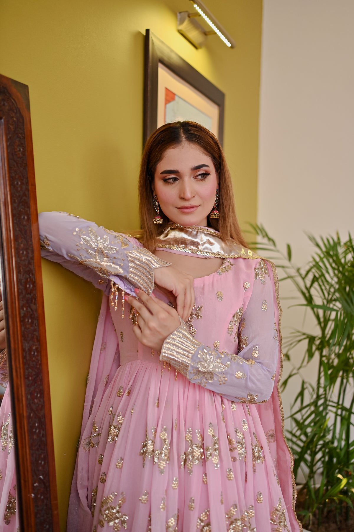 Side portrait of Lavender Blush chiffon maxi highlighting embellished sleeves, soft pastel tones and delicate formal detailing