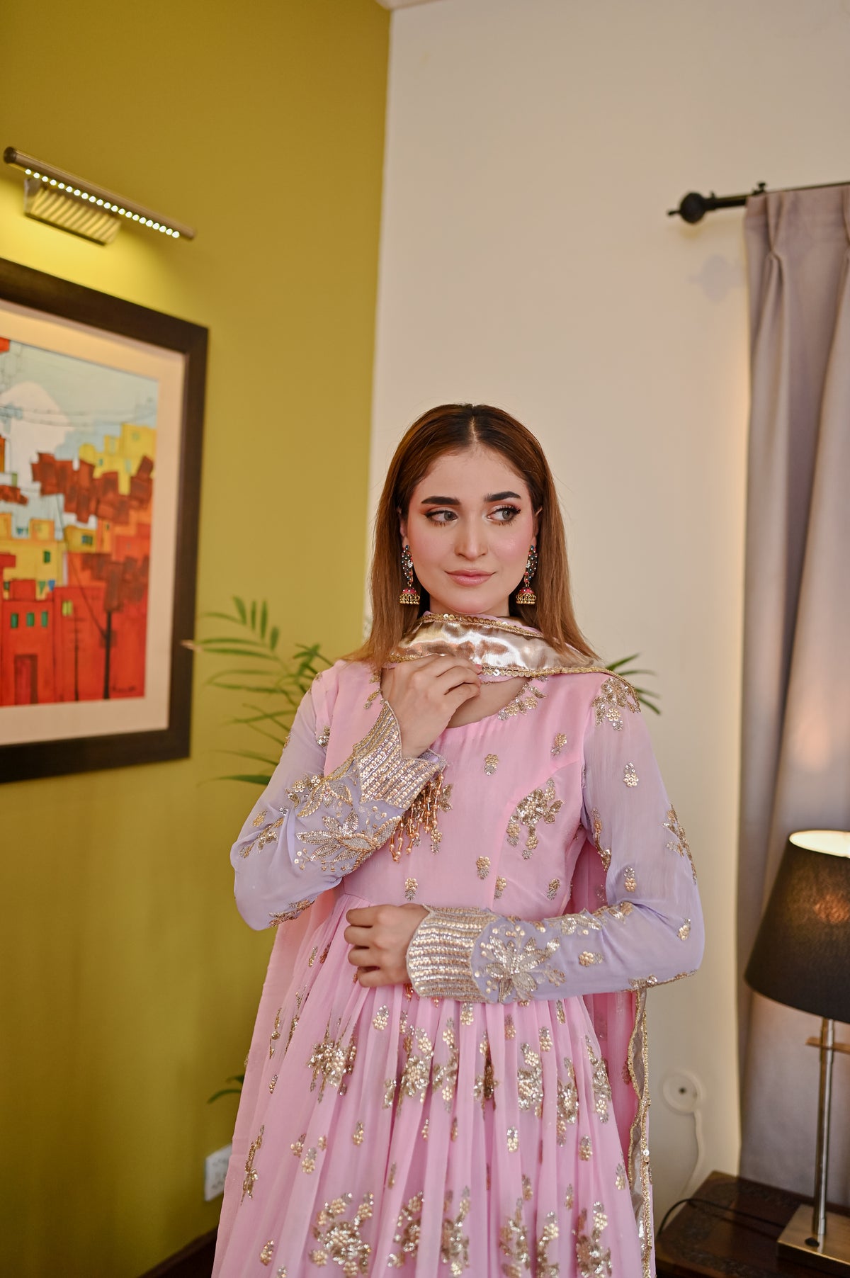 Front portrait of Lavender Blush chiffon maxi with ornate neckline detailing, pastel floral accents and refined long sleeve styling
