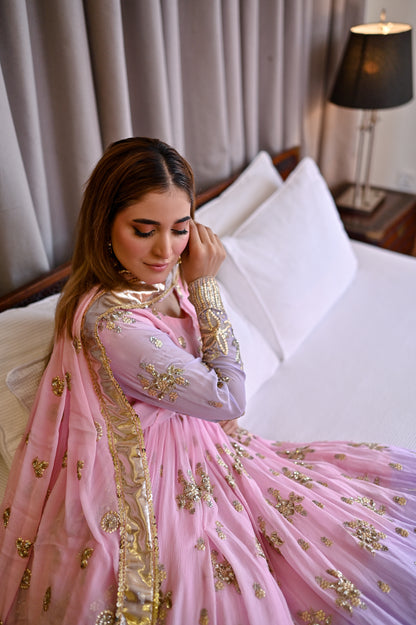 Close seated view of Lavender Blush chiffon maxi showcasing floral embellishment, pastel pink lavender tones and detailed formal craftsmanship