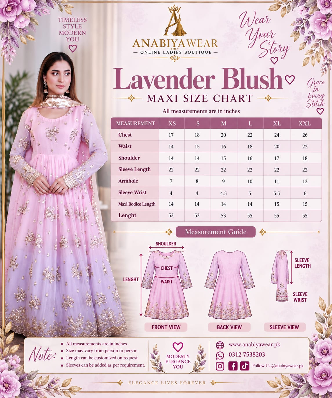 Lavender Blush maxi size guide with XS to XXL measurements, model view and garment length details