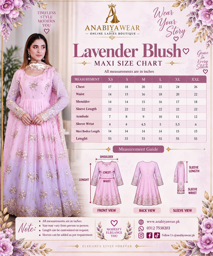 Lavender Blush maxi size guide with XS to XXL measurements, model view and garment length details