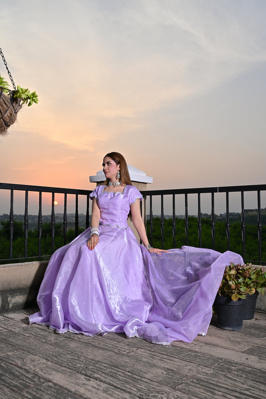 Lavender Glow Shesha silk lehenga with flowing flare displayed in side view