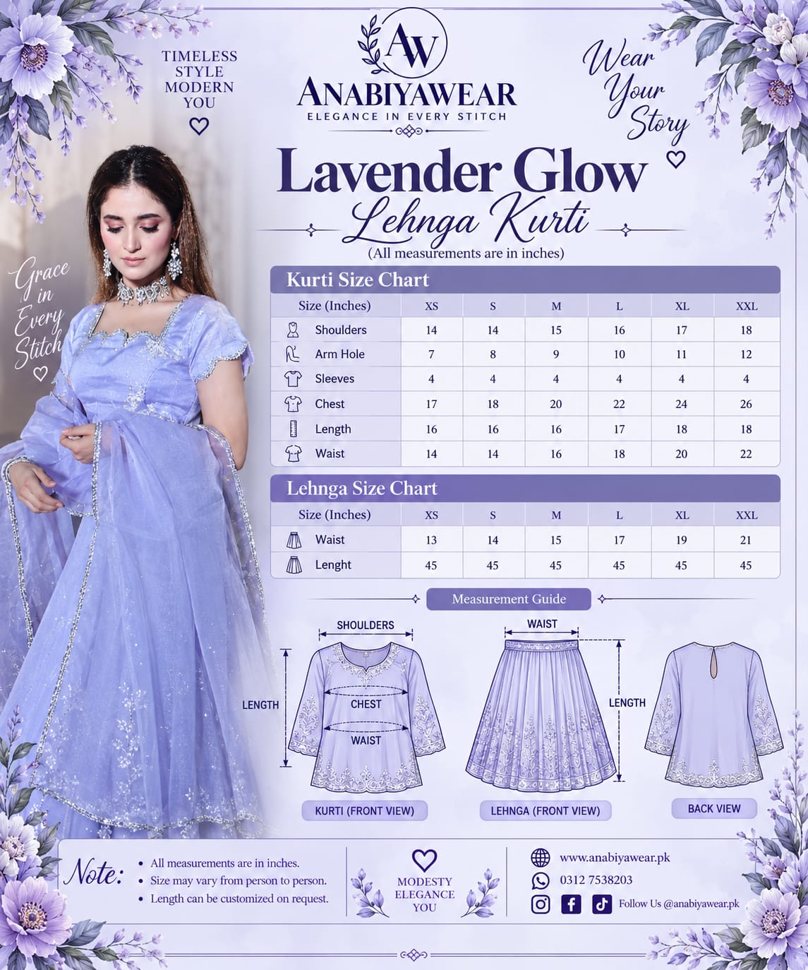 Lavender Glow lehenga and kurti size chart with measurements from XS to XXL