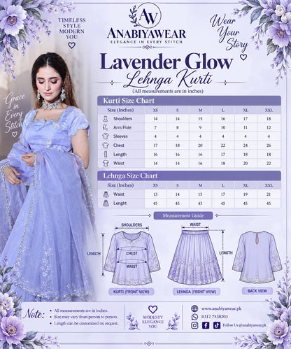 Lavender Glow lehenga and kurti size chart with measurements from XS to XXL