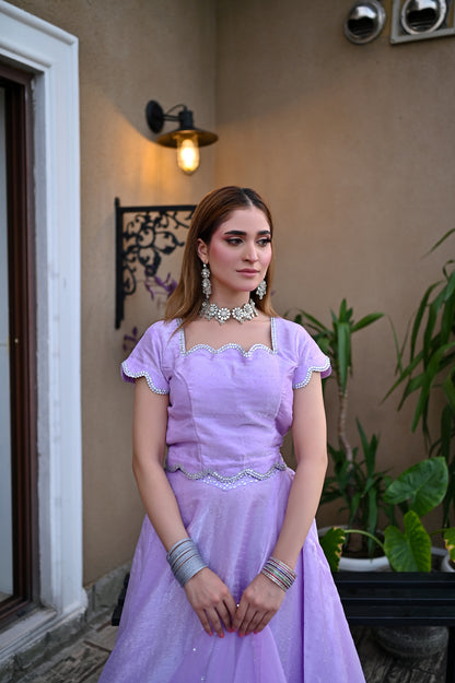 Lavender Glow lehenga featuring a Shesha silk blouse with cutwork neckline detailing