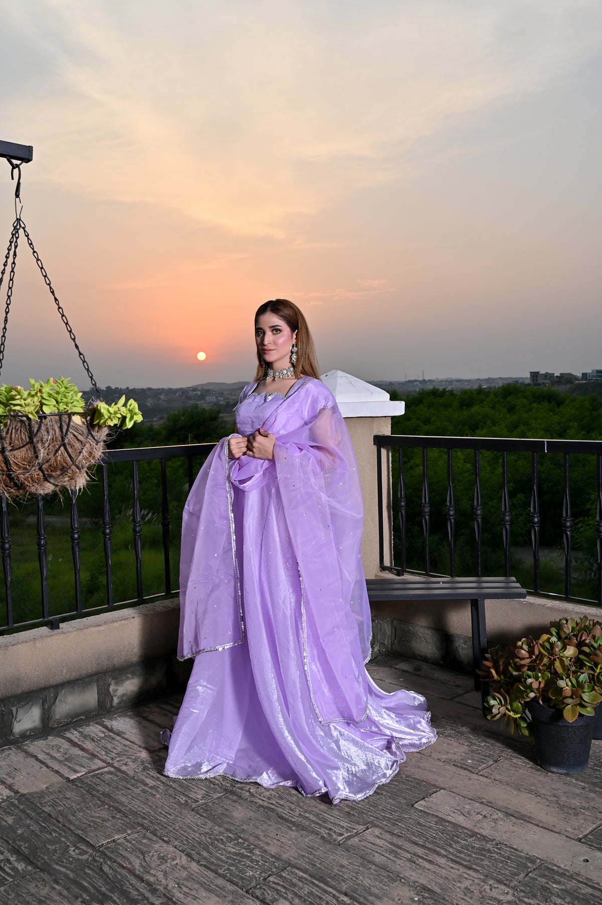 Lavender Glow Shesha silk lehenga showcasing the soft net dupatta and flowing silhouette