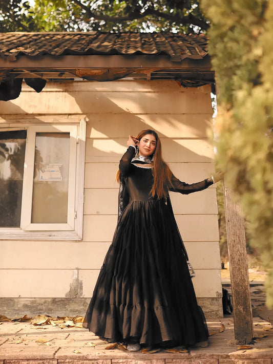 Leela Black chiffon step frock front full length with white lace and patch dupatta - Anabiyawear