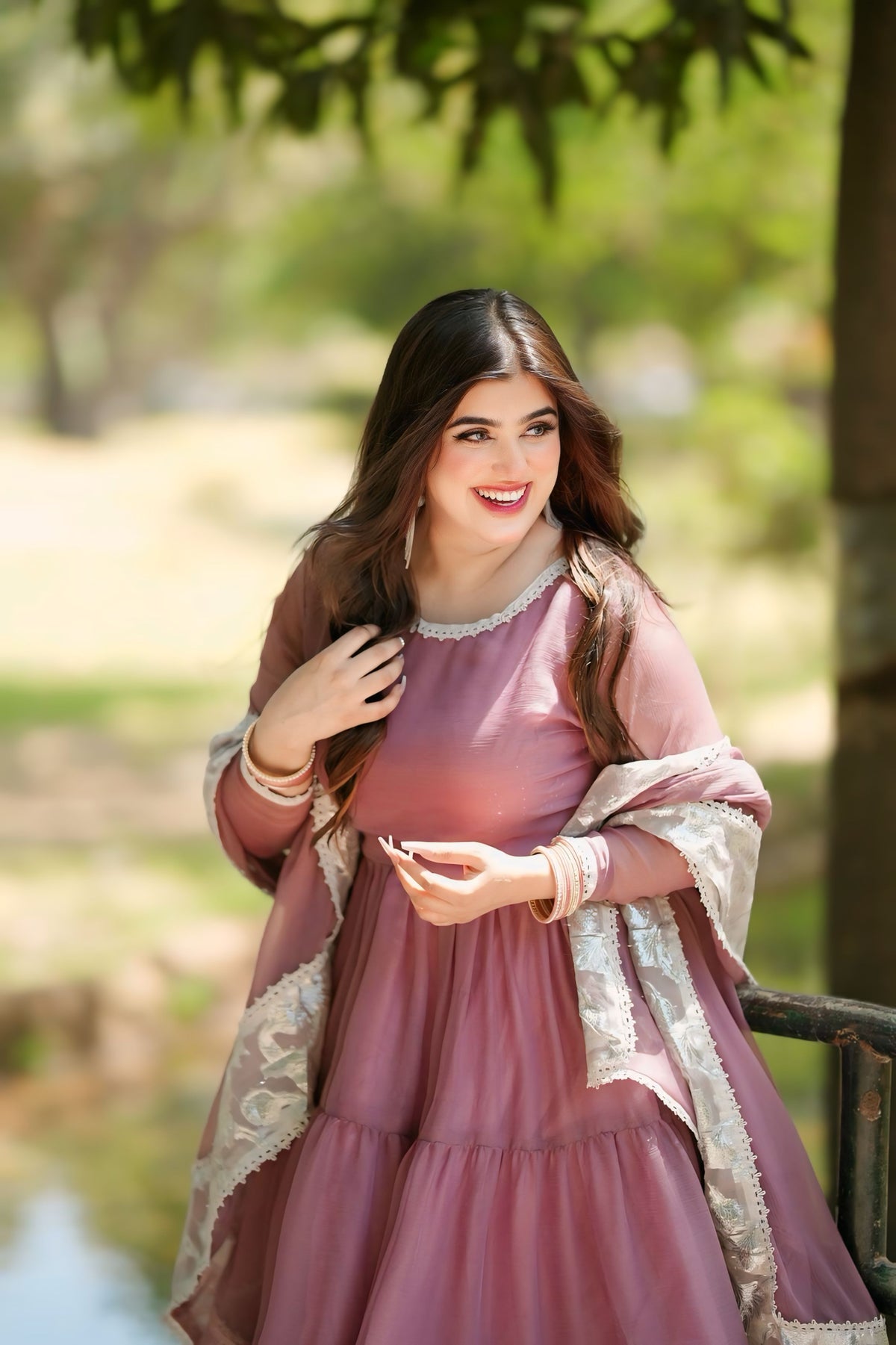 Leela Mauve chiffon step frock with boat neckline, layered bodice and matching dupatta draped over the shoulders