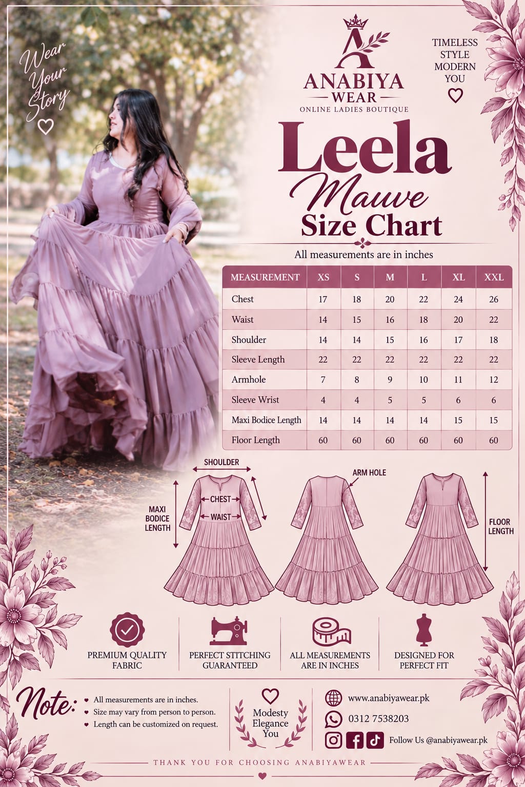 Leela Mauve chiffon step frock size chart with dress measurements from XS to XXL