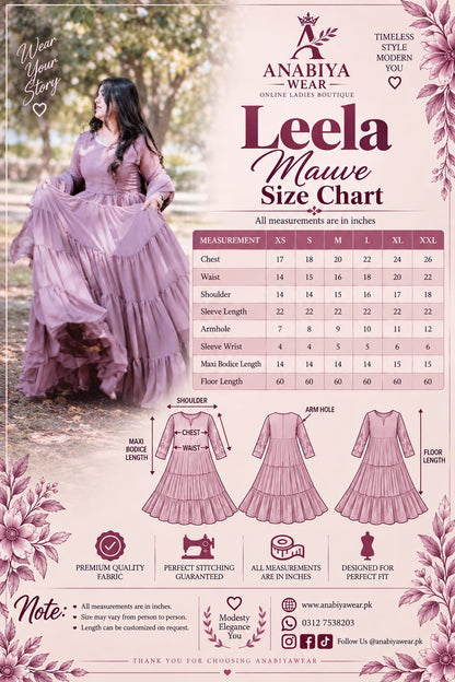 Leela Mauve chiffon step frock size chart with dress measurements from XS to XXL