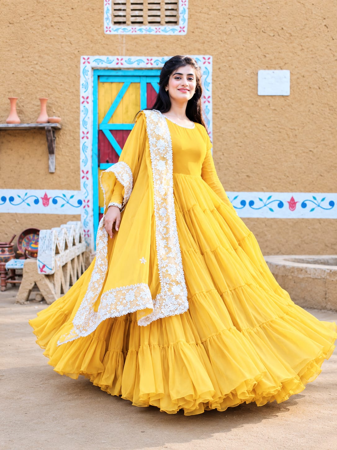 leela-yellow-chiffon-step-frock-front-view