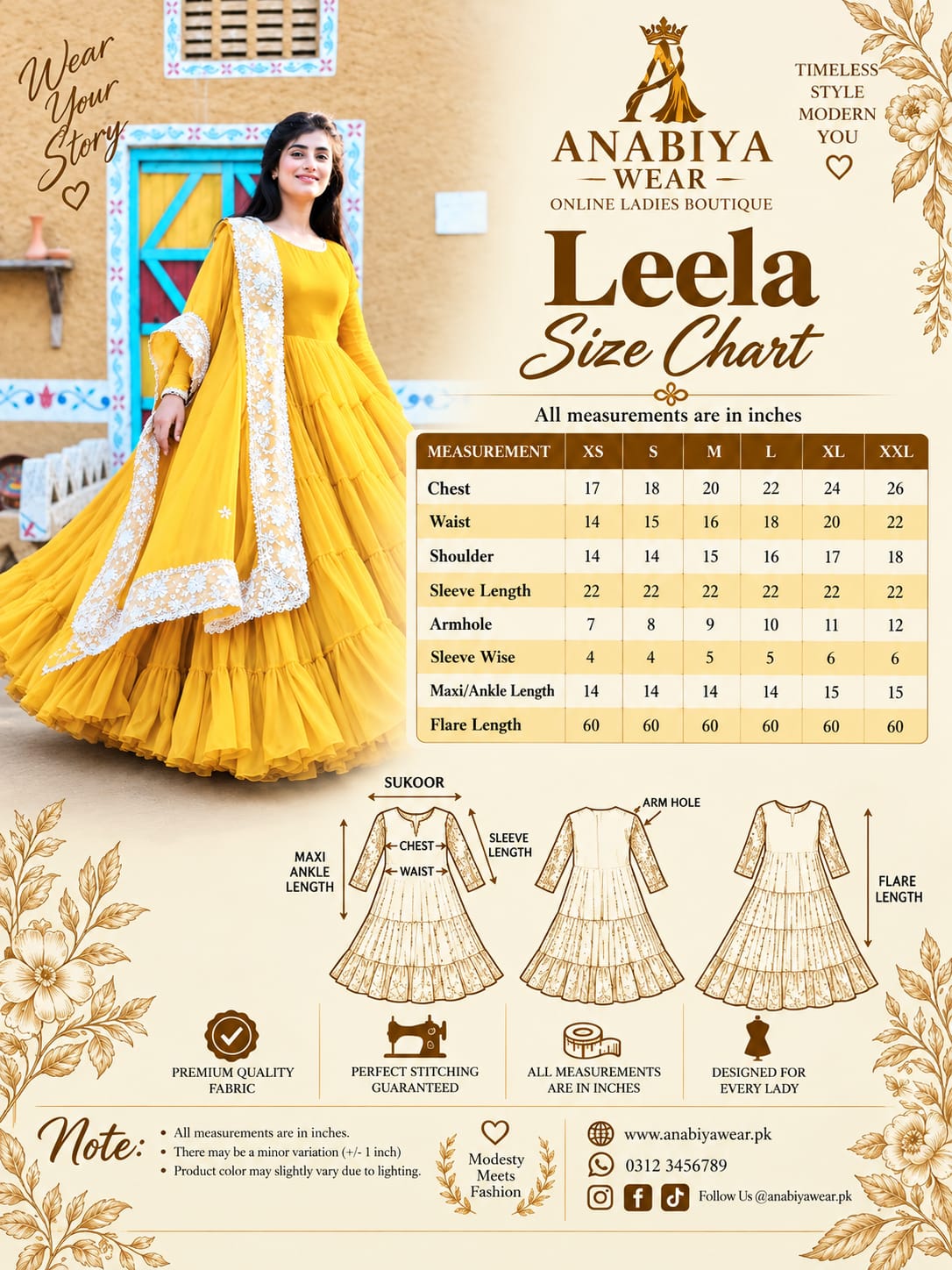 Leela Yellow chiffon step frock size chart with XS to XXL measurements by Anabiyawear