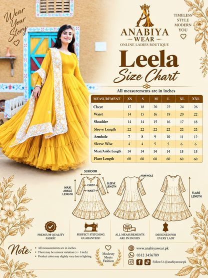 Leela Yellow chiffon step frock size chart with XS to XXL measurements by Anabiyawear