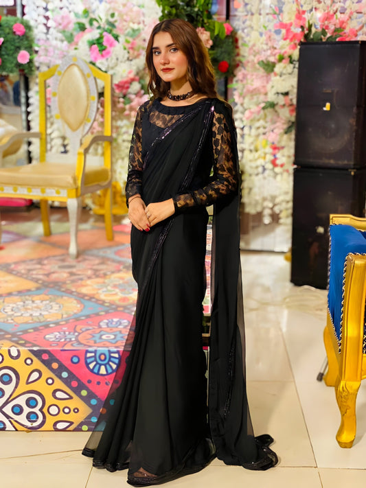 Lobelia black chiffon saree with lace blouse, full length front view
