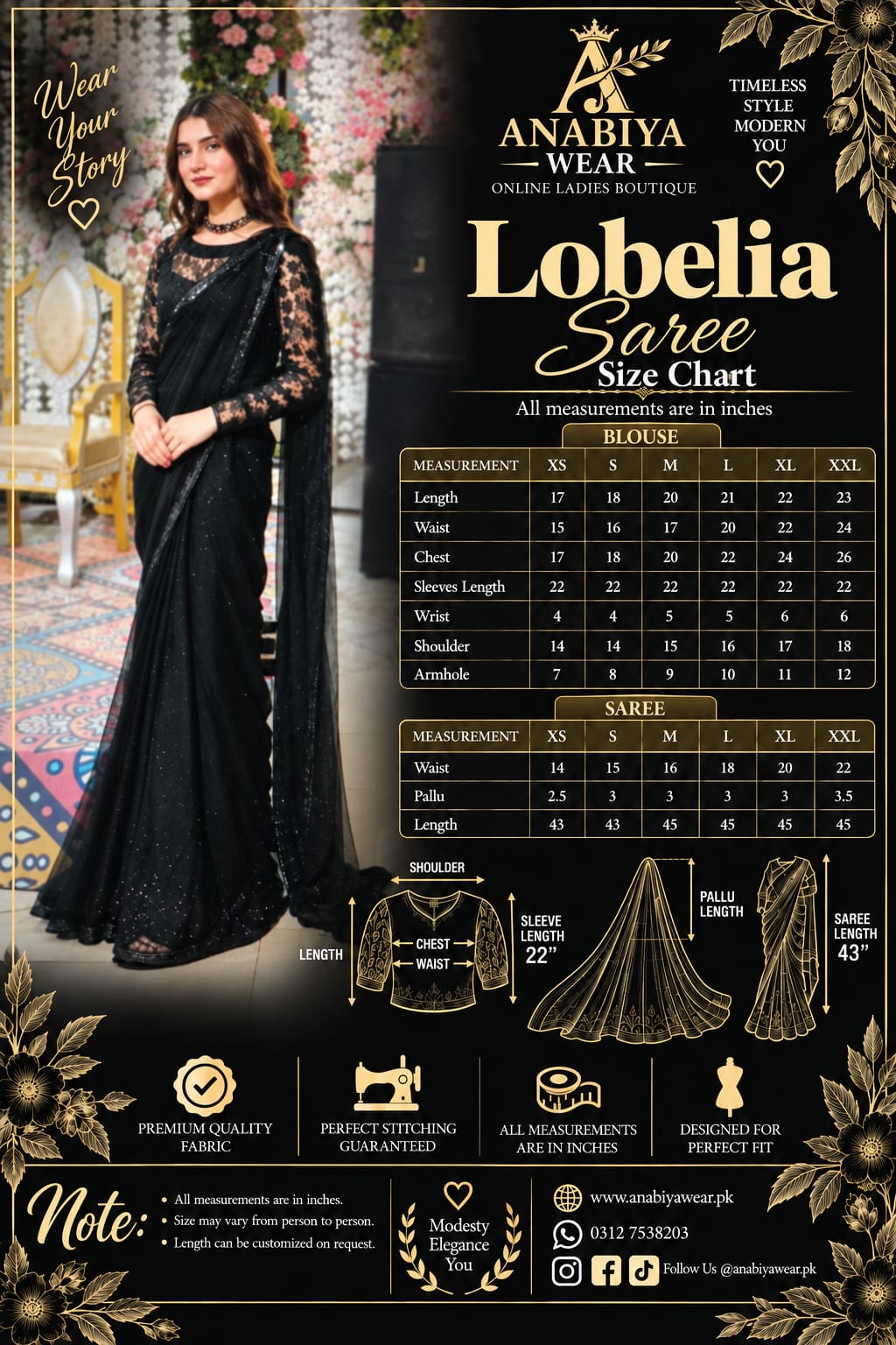 Lobelia black saree size guide showing blouse and saree measurements from XS to XXL