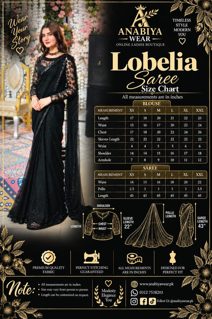 Lobelia black saree size guide showing blouse and saree measurements from XS to XXL