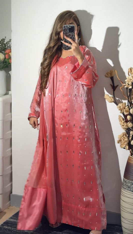 Mahveen Rose rose pink shisha silk long shirt with crystal stone accents, coordinated trouser and matching dupatta