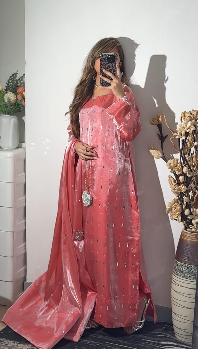 Full length Mahveen Rose shisha silk three piece outfit with flowing rose pink dupatta, crystal embellishment and long formal shirt