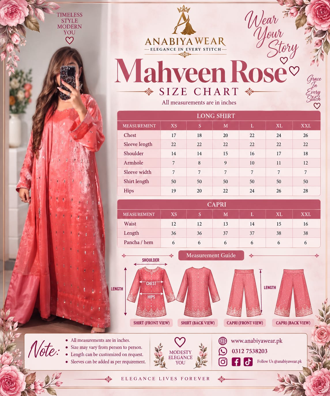 Mahveen Rose shisha silk three piece size chart with XS to XXL long shirt and trouser measurements plus fitting guide