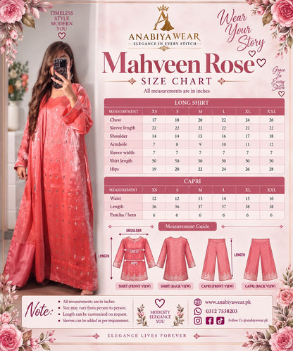 Mahveen Rose shisha silk three piece size chart with XS to XXL long shirt and trouser measurements plus fitting guide