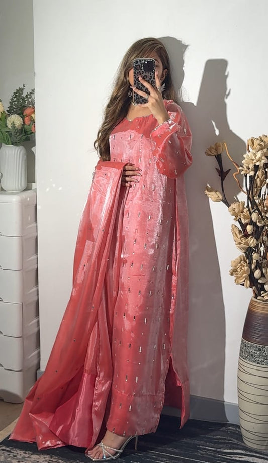 Mahveen Rose shisha silk three piece suit in a full front pose with long rose pink shirt, crystal stone detailing and matching dupatta