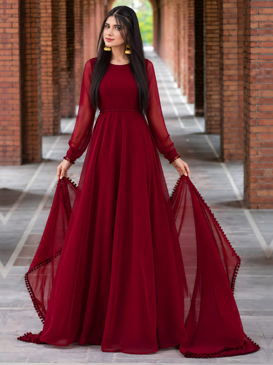 Maroon Anarkali chiffon frock front view, full length, with matching pom pom dupatta - Anabiyawear