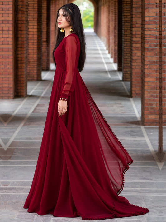 Maroon Anarkali chiffon frock side view showing sheer full sleeves and flowing dupatta
