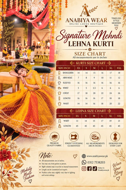 Measurement guide for Anabiyawear Signature Mehndi Kali Dar Lehenga Kurti with complete size details