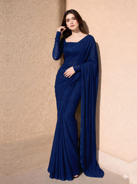 Midnight Veil Navy chiffon saree with square neck blouse by Anabiyawear