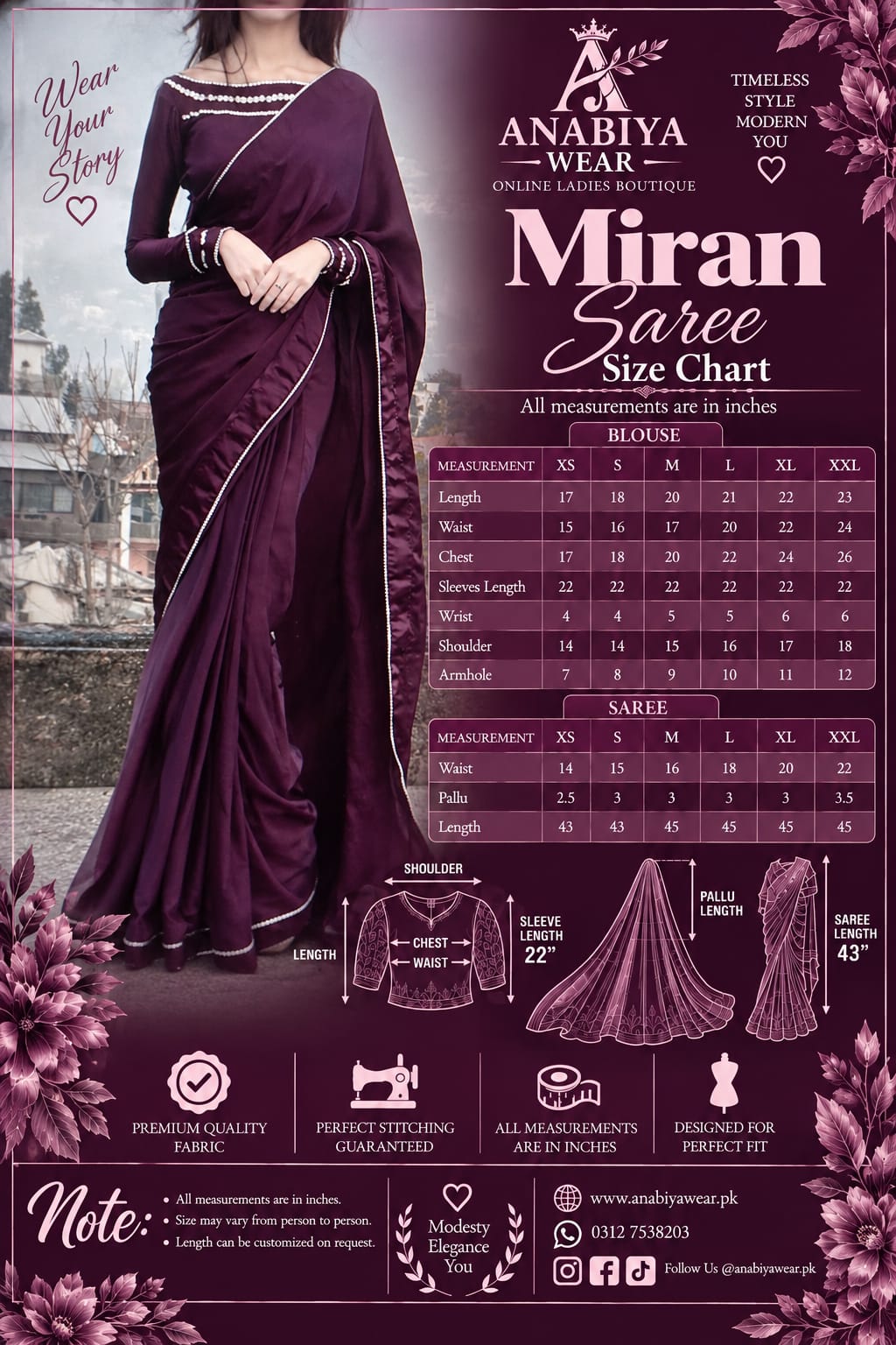 Miran Plum Shamooz silk saree sizing chart with blouse and saree measurements from XS to XXL