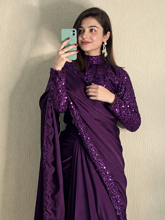 Close-up of sequin high neck blouse and sequin pallu border – Moonlight Plum saree