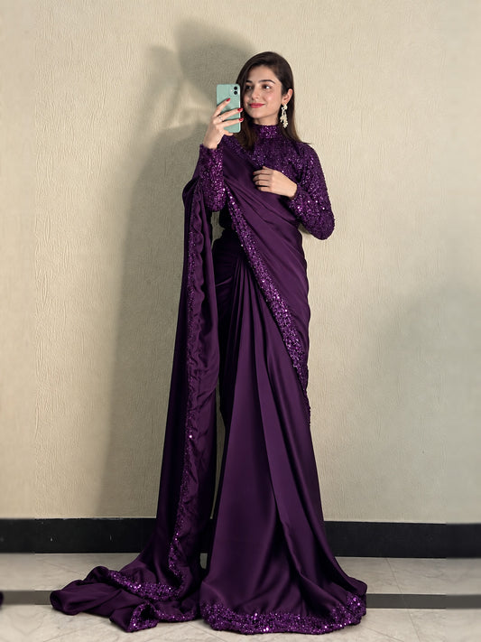 Moonlight Plum silk saree with sequin high neck blouse by Anabiyawear