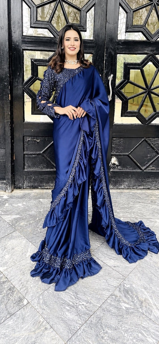 Moonlight Pro Navy Blue silk ruffle saree with sequin blouse - front view