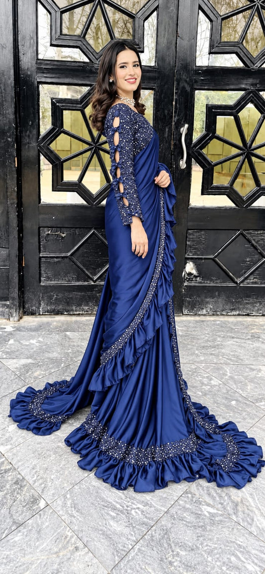 Moonlight Pro Navy Blue silk ruffle saree - side view showing ruffle drape