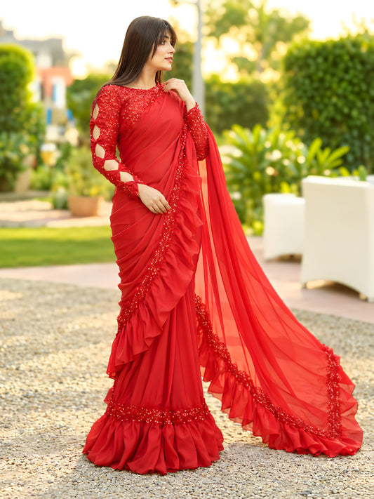 Moonlight Pro Red silk ruffle saree with sequin blouse by Anabiyawear