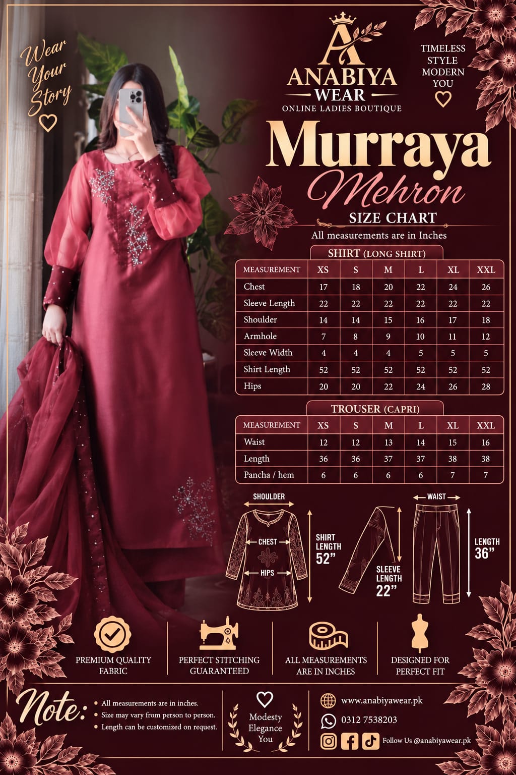 Murraya Maroon katan silk three piece size chart with XS to XXL shirt and trouser measurements plus garment fitting guide