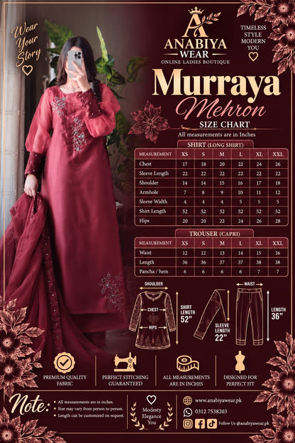 Murraya Maroon katan silk three piece size chart with XS to XXL shirt and trouser measurements plus garment fitting guide