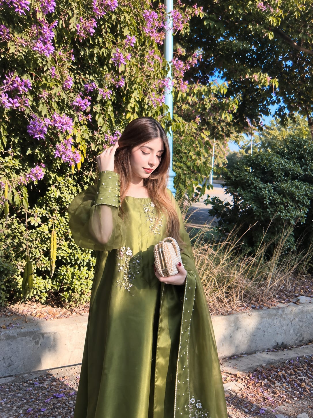 Murrayya leaf green outfit with crystal detailing, sheer organza dupatta and embellished long shirt