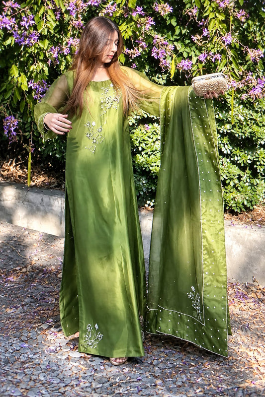 Murrayya leaf green 3 piece with China Katan silk shirt, organza dupatta and crystal motif detailing