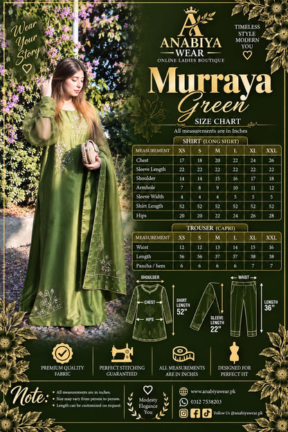 Murrayya leaf green 3 piece fitting guide with shirt, trouser and sleeve measurements from XS to XXL