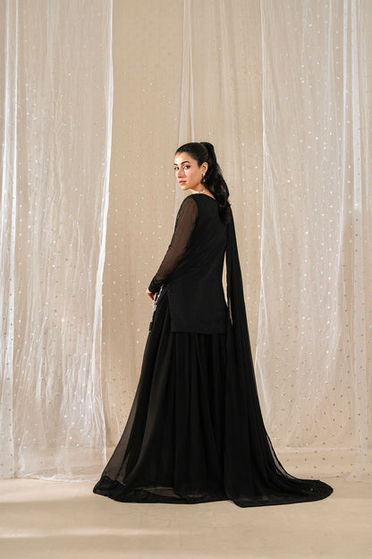 Back view of Noir Zahra black chiffon sharara suit with flowing matching dupatta