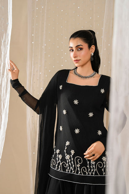 Model displaying Noir Zahra black embroidered chiffon shirt with matching sheer dupatta
