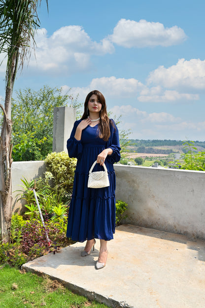 Ocean Muse navy georgette step frock with flowing tiered silhouette