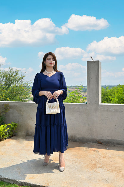 Full view of Ocean Muse navy blue georgette step frock with tiered flare