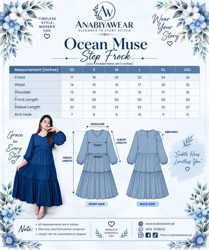 Ocean Muse georgette step frock size chart with measurements