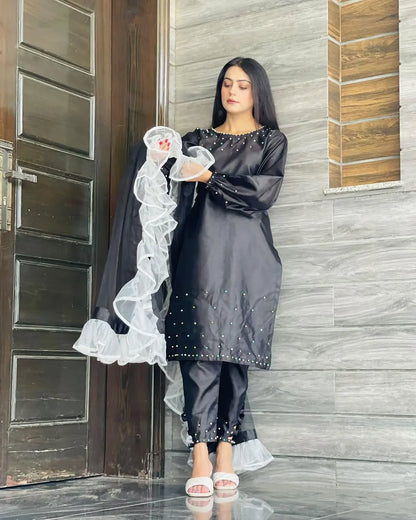 Pearl Black Katan silk capri set with pearl embellished shirt and ruffle organza dupatta by Anabiyawear