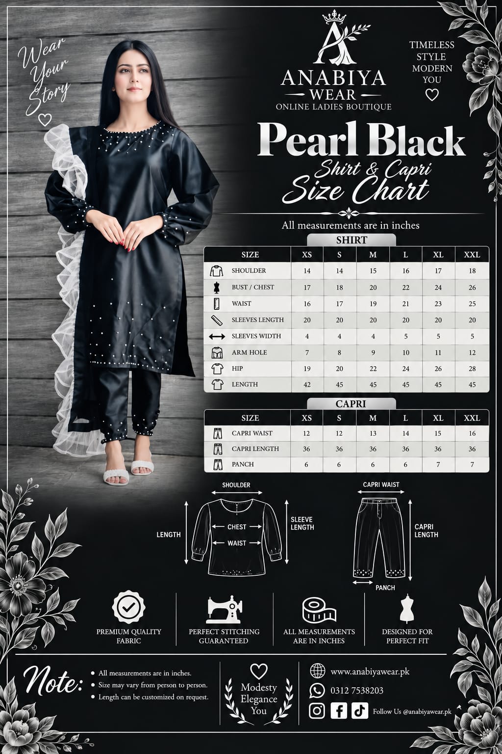 Pearl Black Katan silk capri set size chart with XS to XXL measurements by Anabiyawear