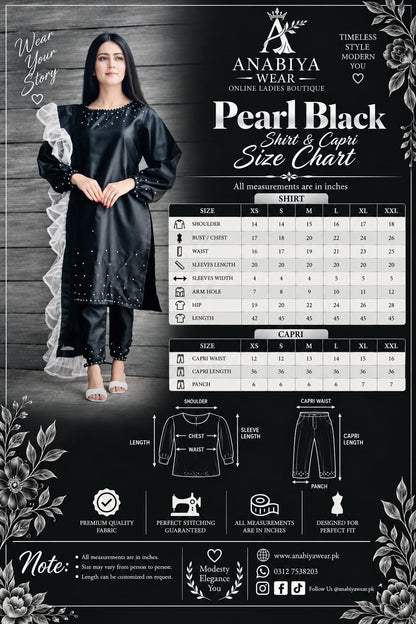 Pearl Black Katan silk capri set size chart with XS to XXL measurements by Anabiyawear
